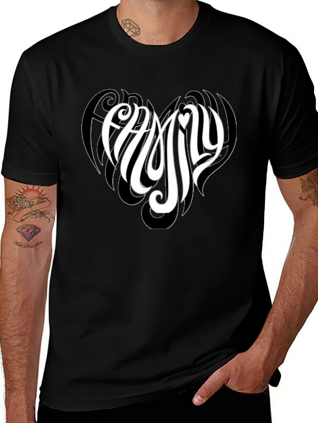 Family Heart Tee - Black Cotton Casual T-Shirt