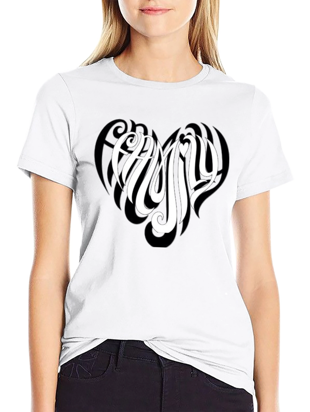 Family Heart Tee - Black Cotton Casual T-Shirt
