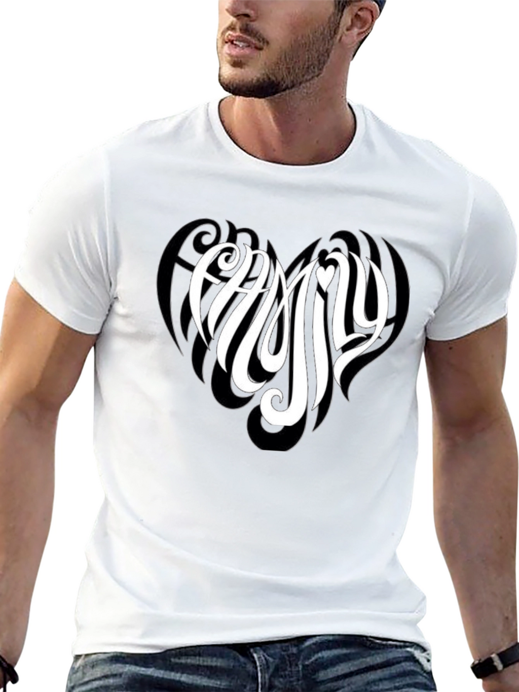 Family Heart Tee - Black Cotton Casual T-Shirt