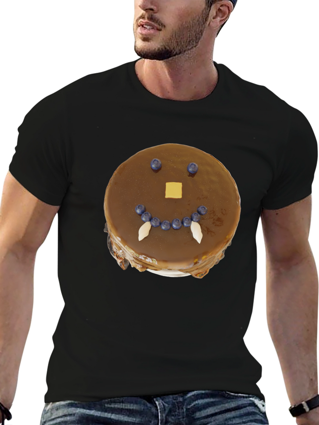 Funny Pancake Face Graphic Tee - Casual Black T-Shirt