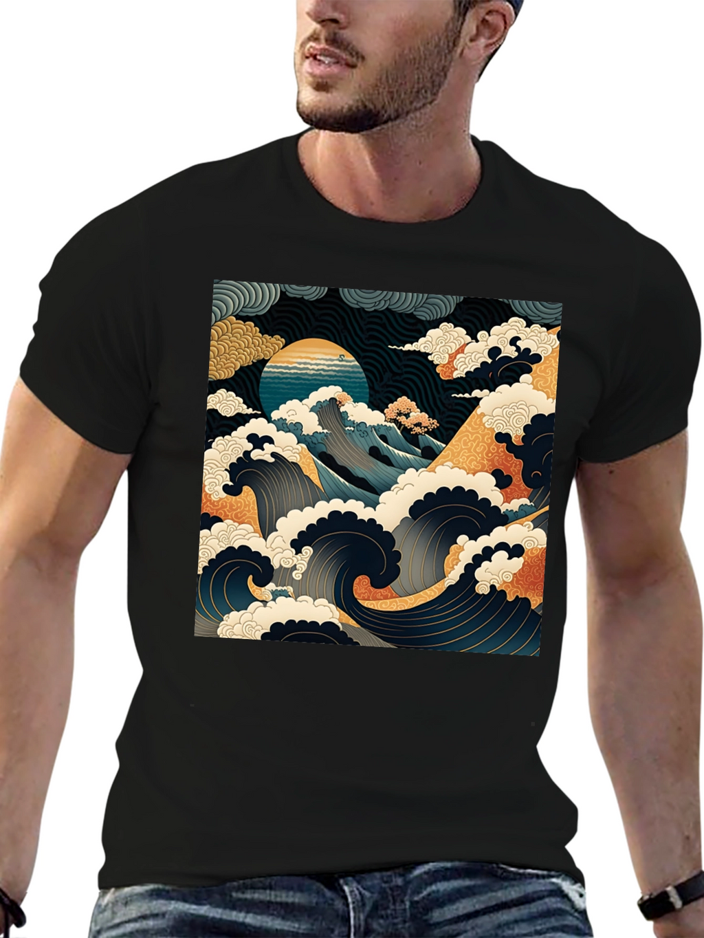 Great Wave Graphic Tee - Black Cotton T-Shirt
