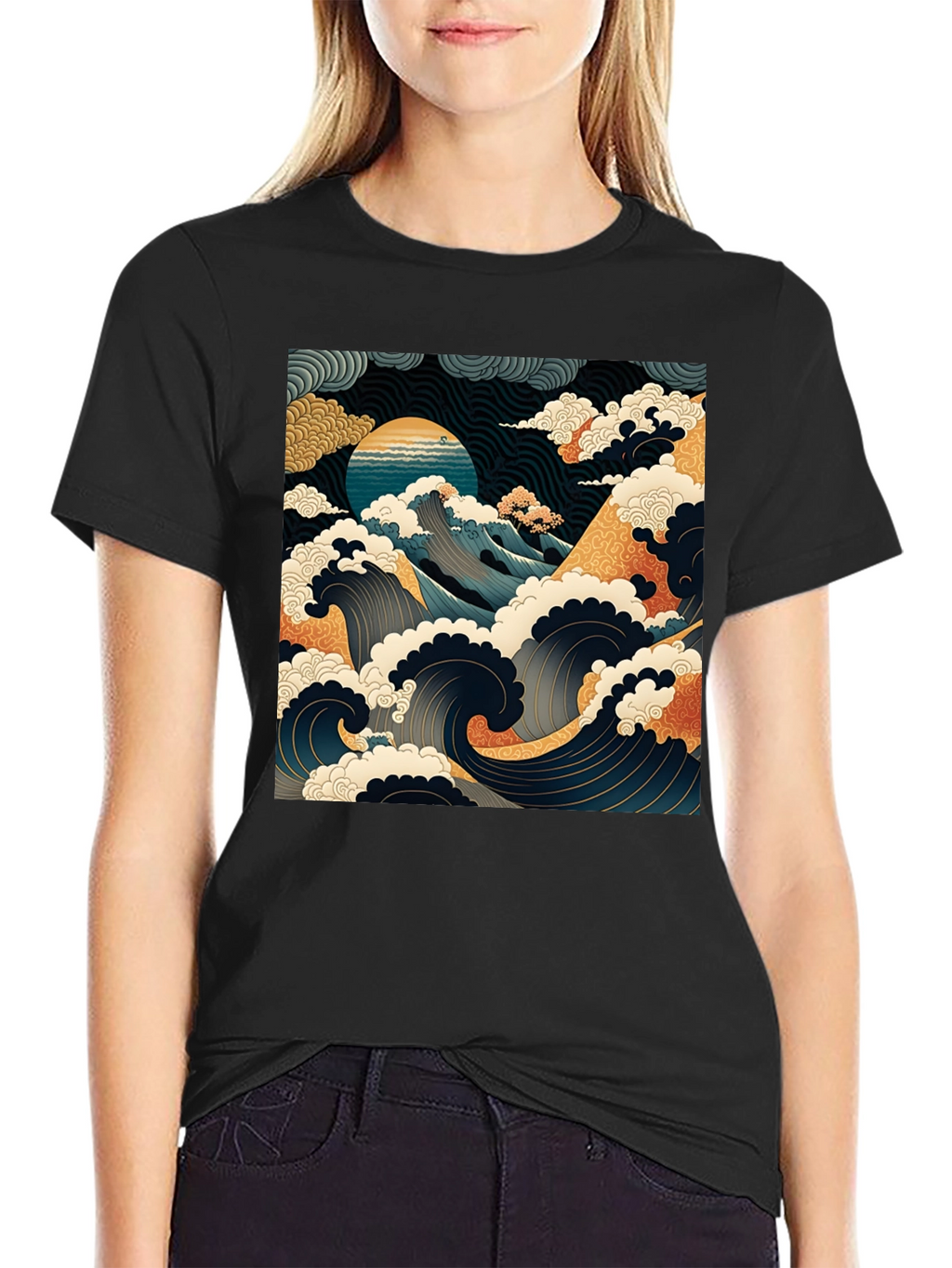 Great Wave Graphic Tee - Black Cotton T-Shirt