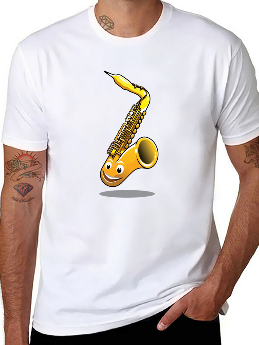 Fun Cartoon Saxophone Graphic Black T-Shirt