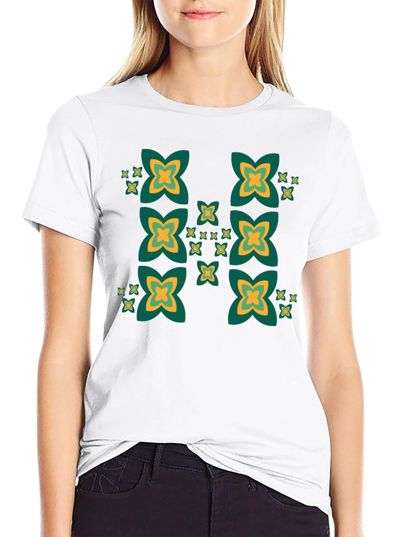 Black Tee with Geometric Clover Pattern