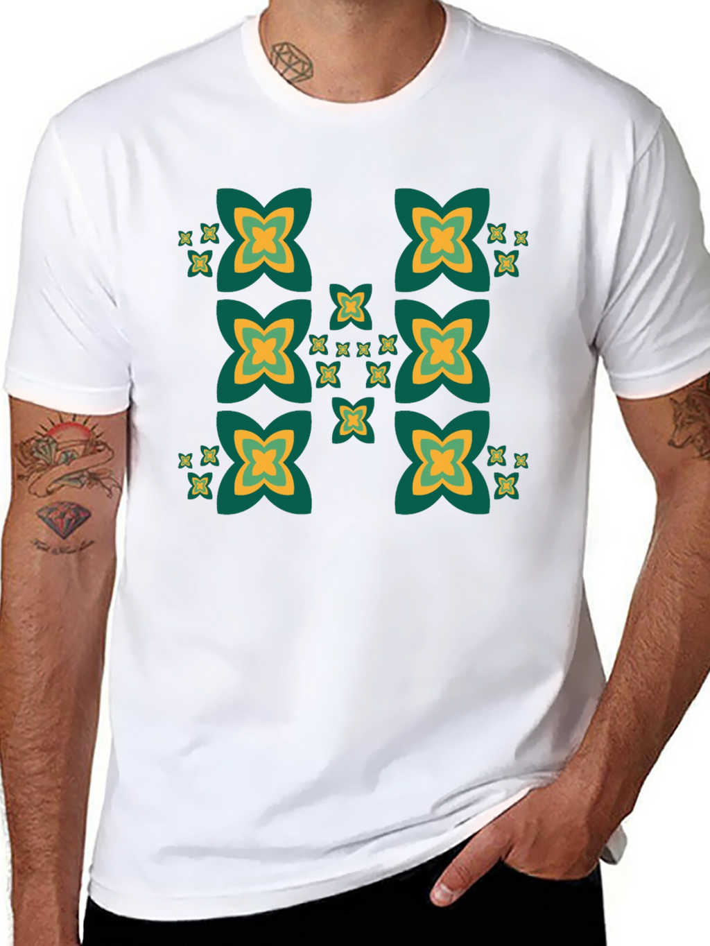 Black Tee with Geometric Clover Pattern