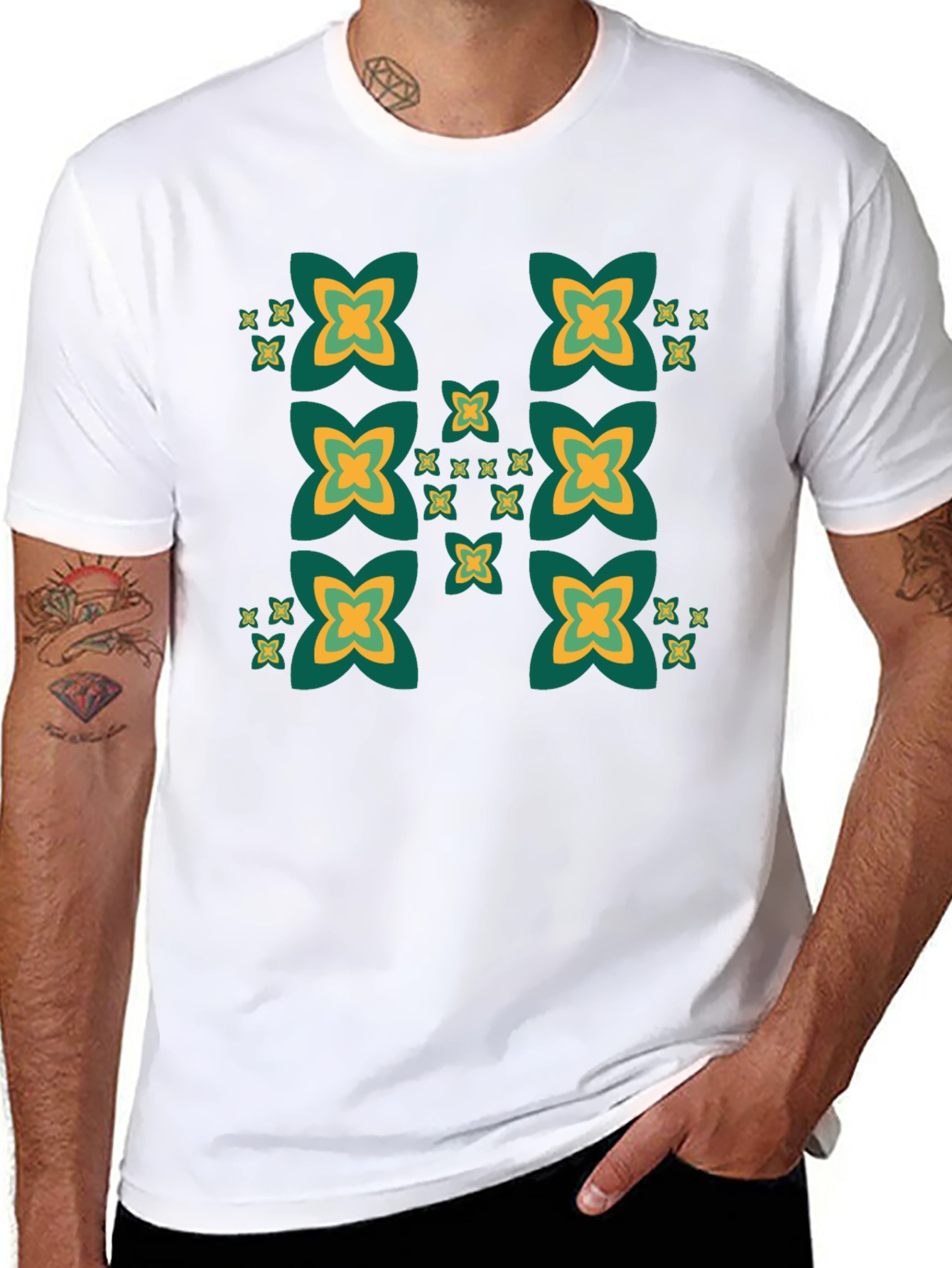 Black Tee with Geometric Clover Pattern