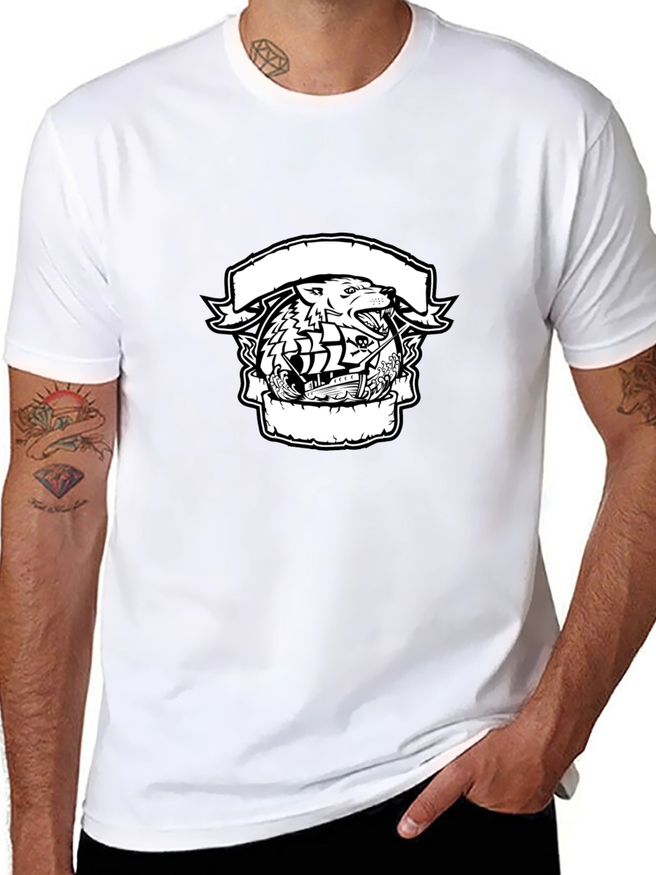 Wolf & Ship Graphic Black T-Shirt