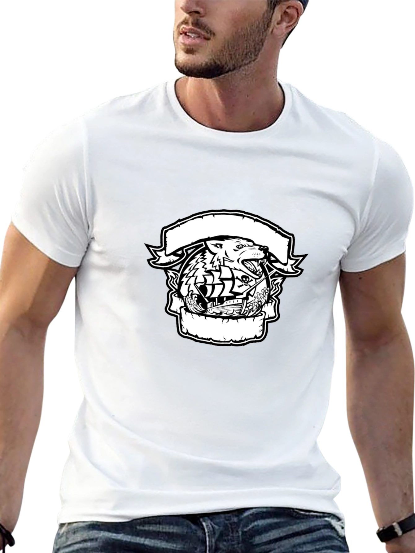 Wolf & Ship Graphic Black T-Shirt