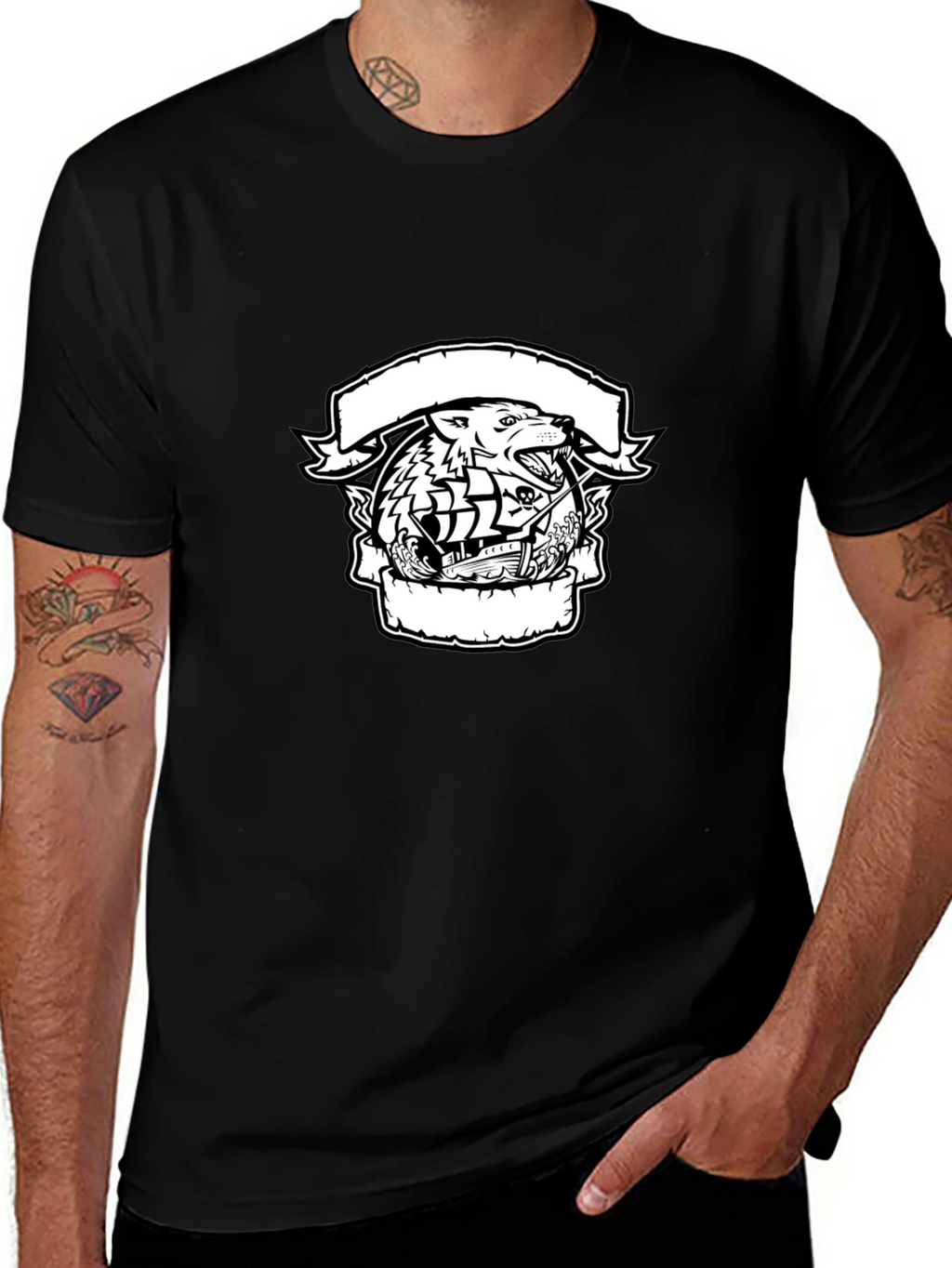 Wolf & Ship Graphic Black T-Shirt
