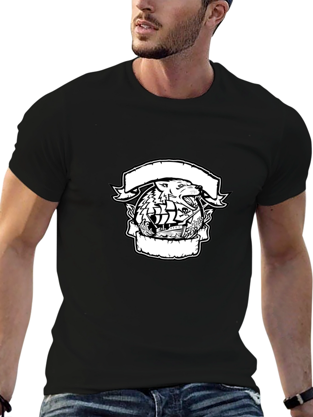 Wolf & Ship Graphic Black T-Shirt