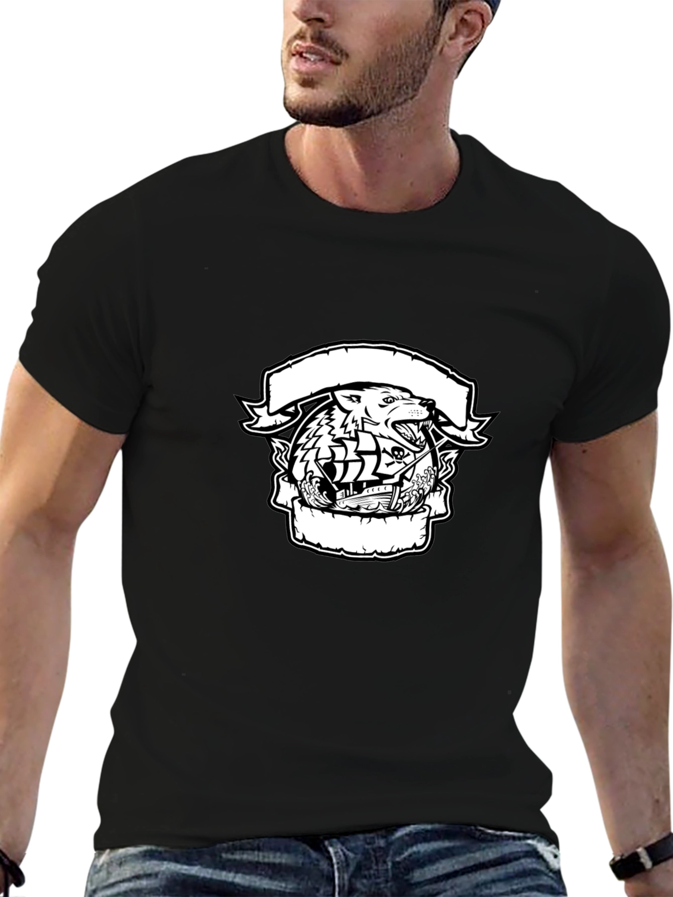 Wolf & Ship Graphic Black T-Shirt