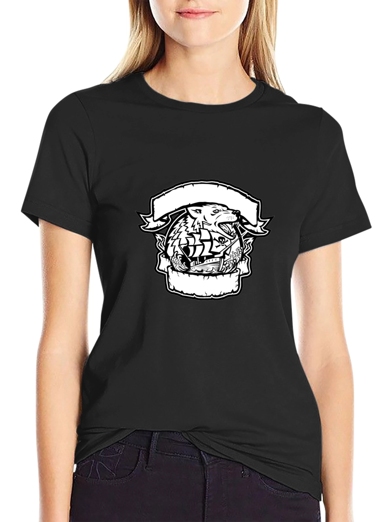 Wolf & Ship Graphic Black T-Shirt
