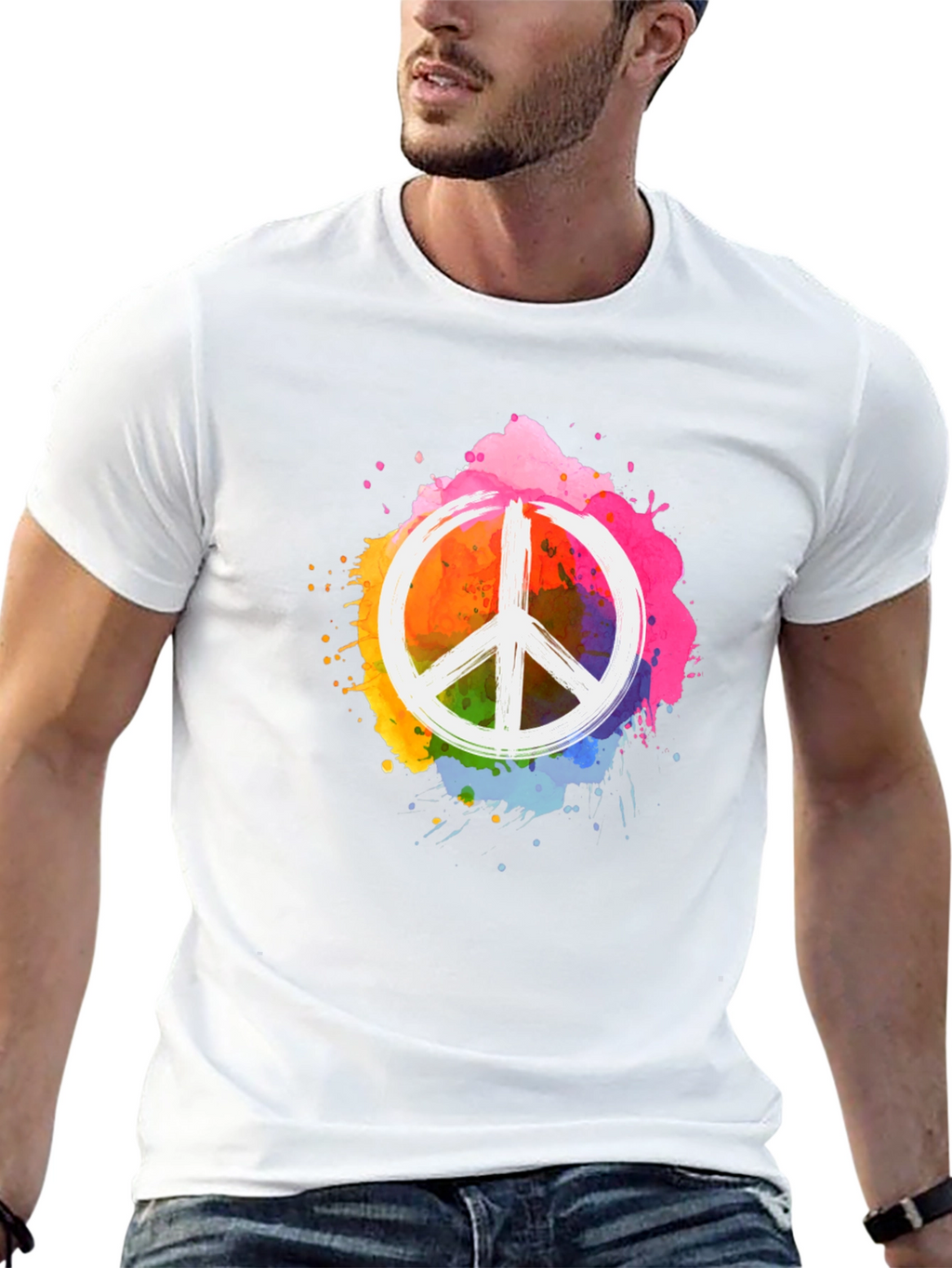 Peace Sign Rainbow Splatter Black T-Shirt