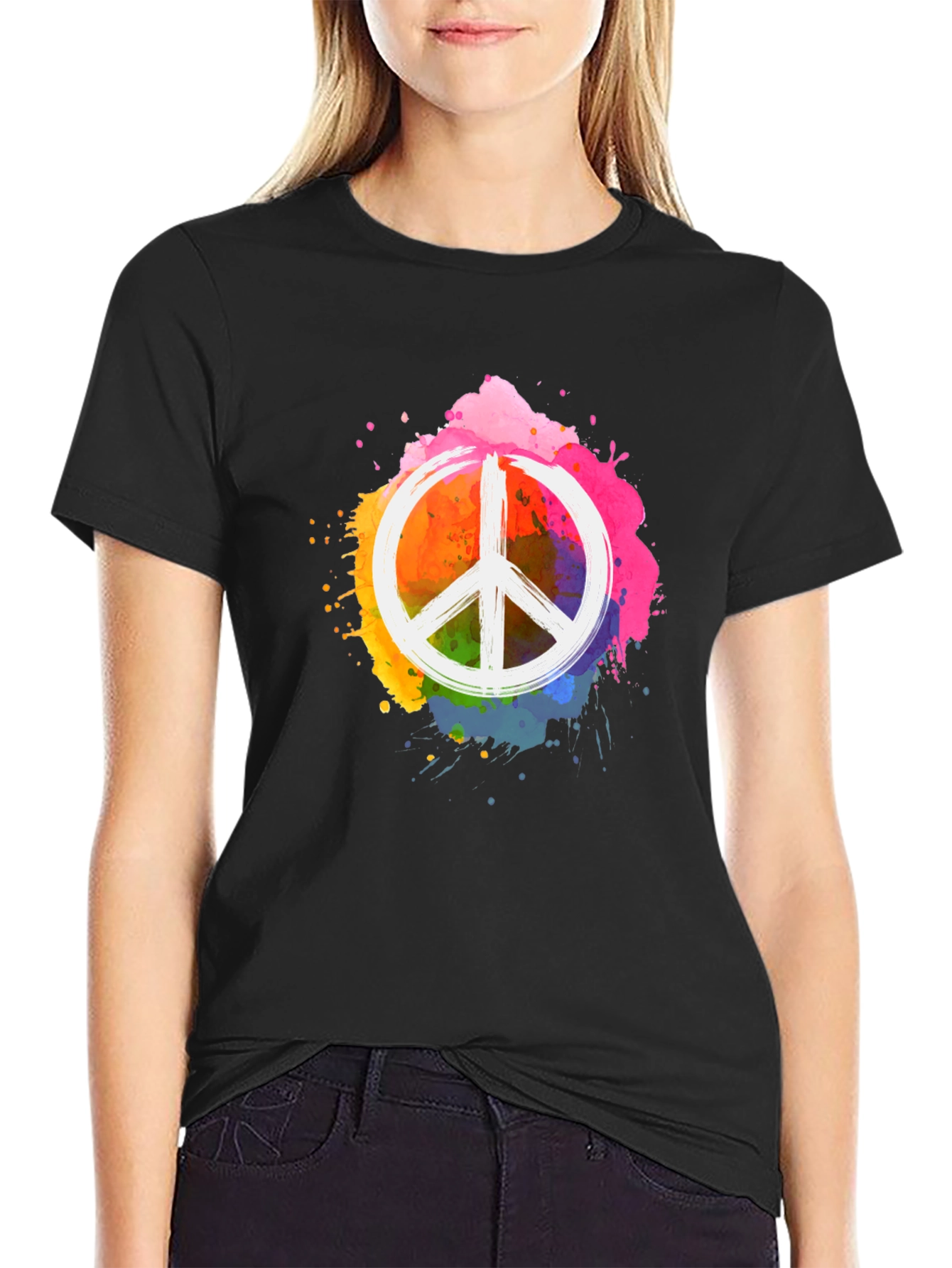 Peace Sign Rainbow Splatter Black T-Shirt