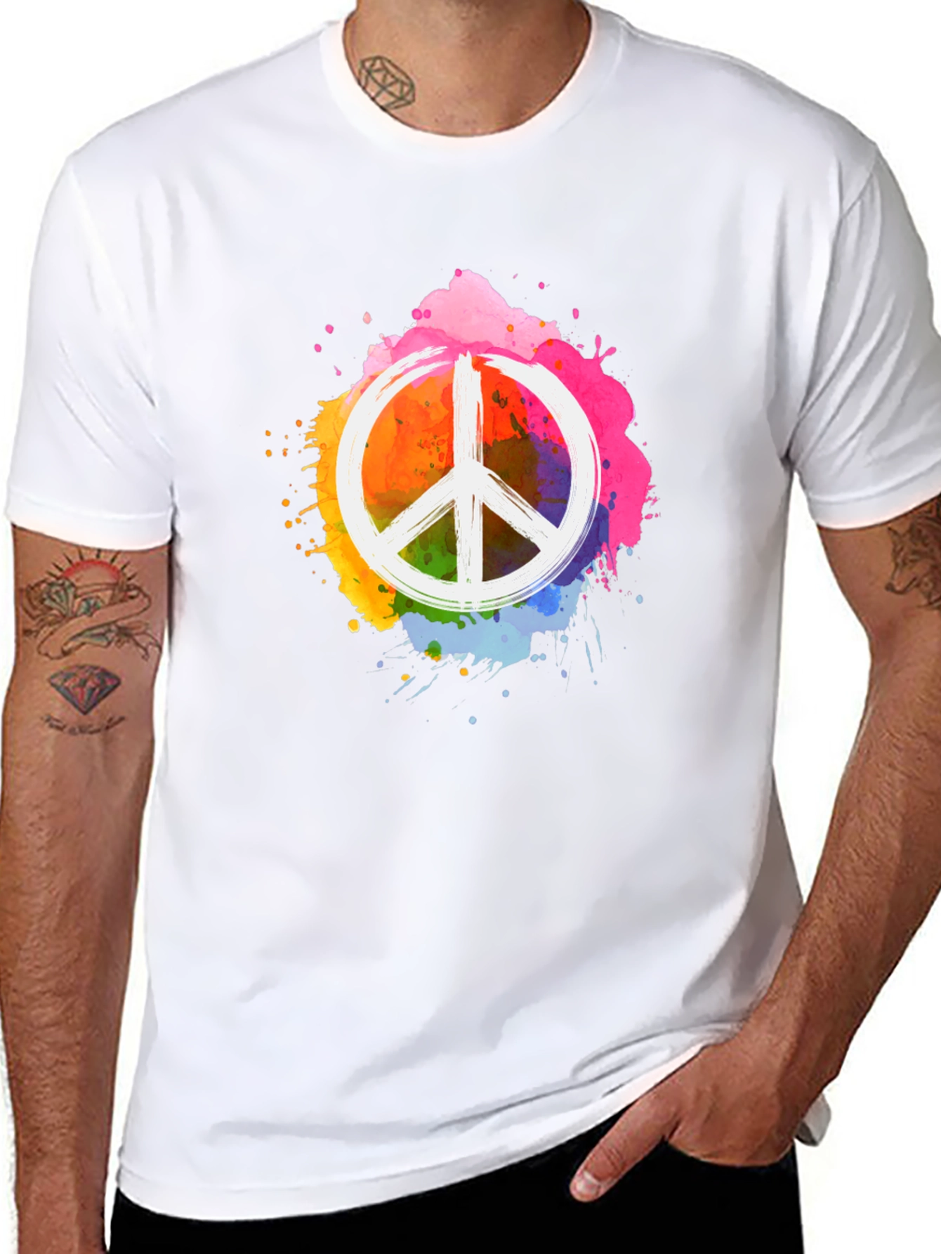 Peace Sign Rainbow Splatter Black T-Shirt