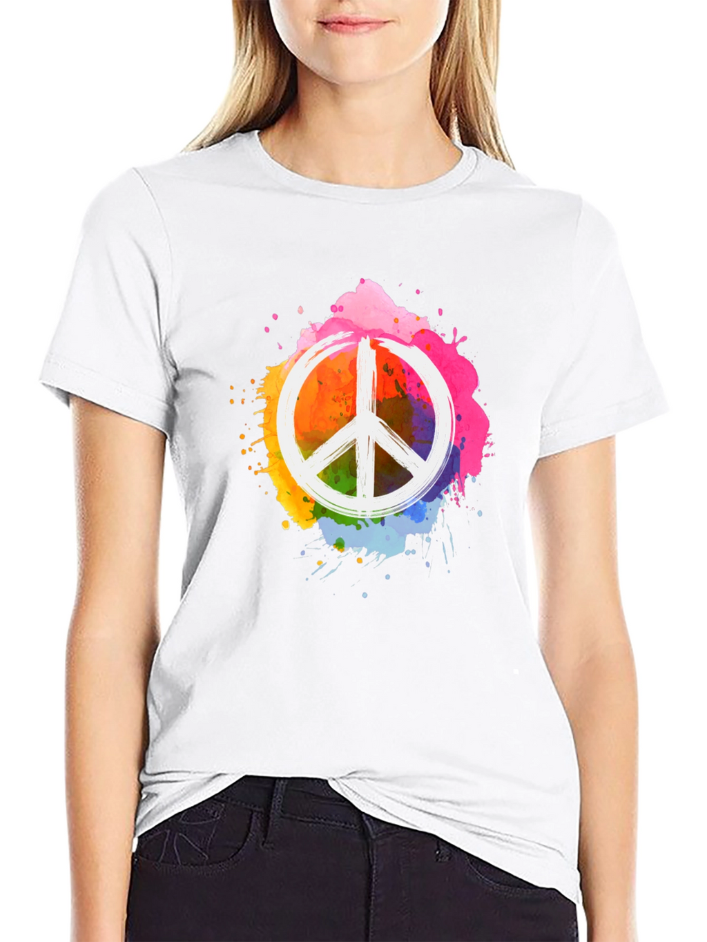 Peace Sign Rainbow Splatter Black T-Shirt