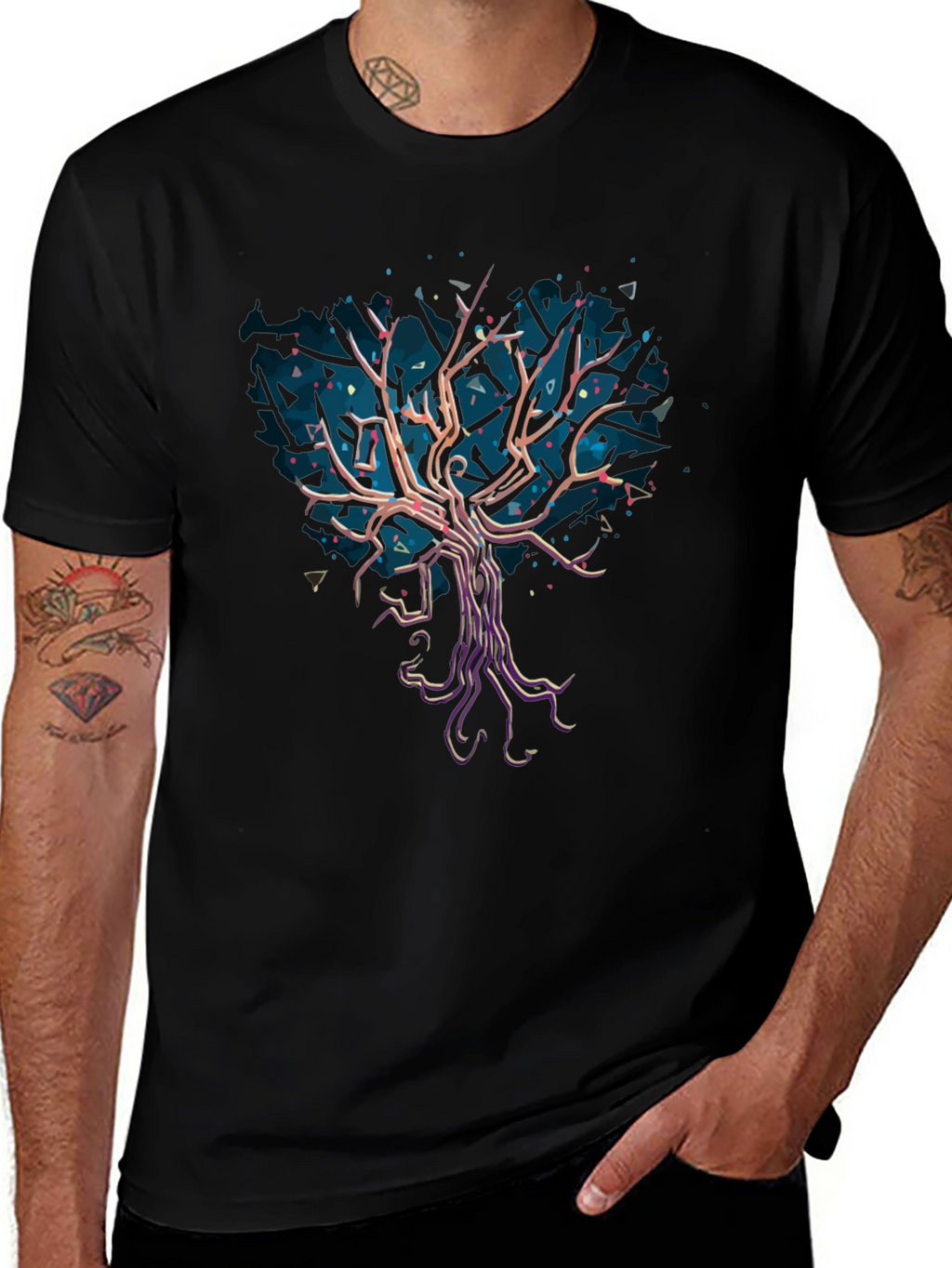 Abstract Tree Graphic Tee - Stylish Mens Black T-Shirt