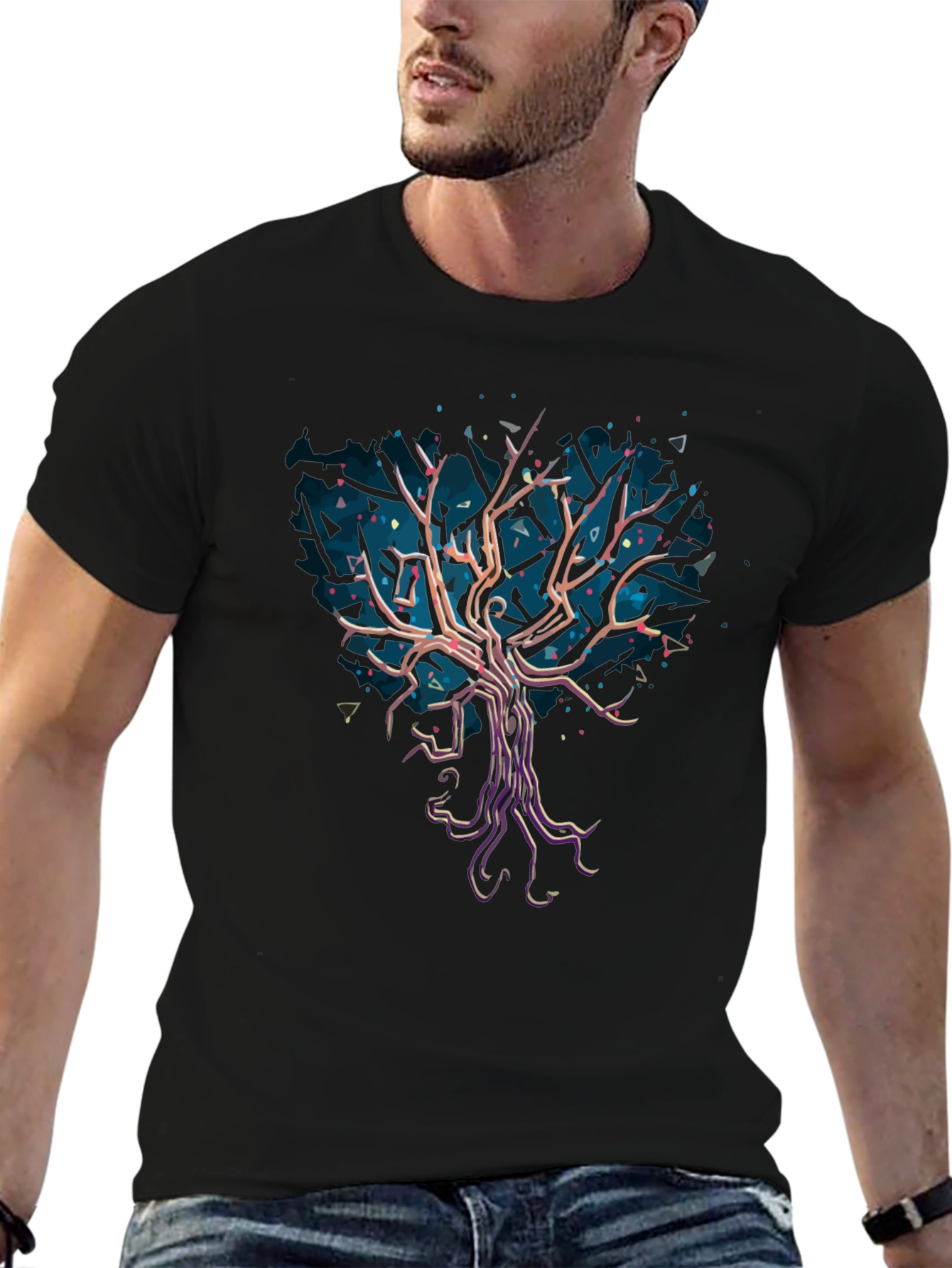 Abstract Tree Graphic Tee - Stylish Mens Black T-Shirt