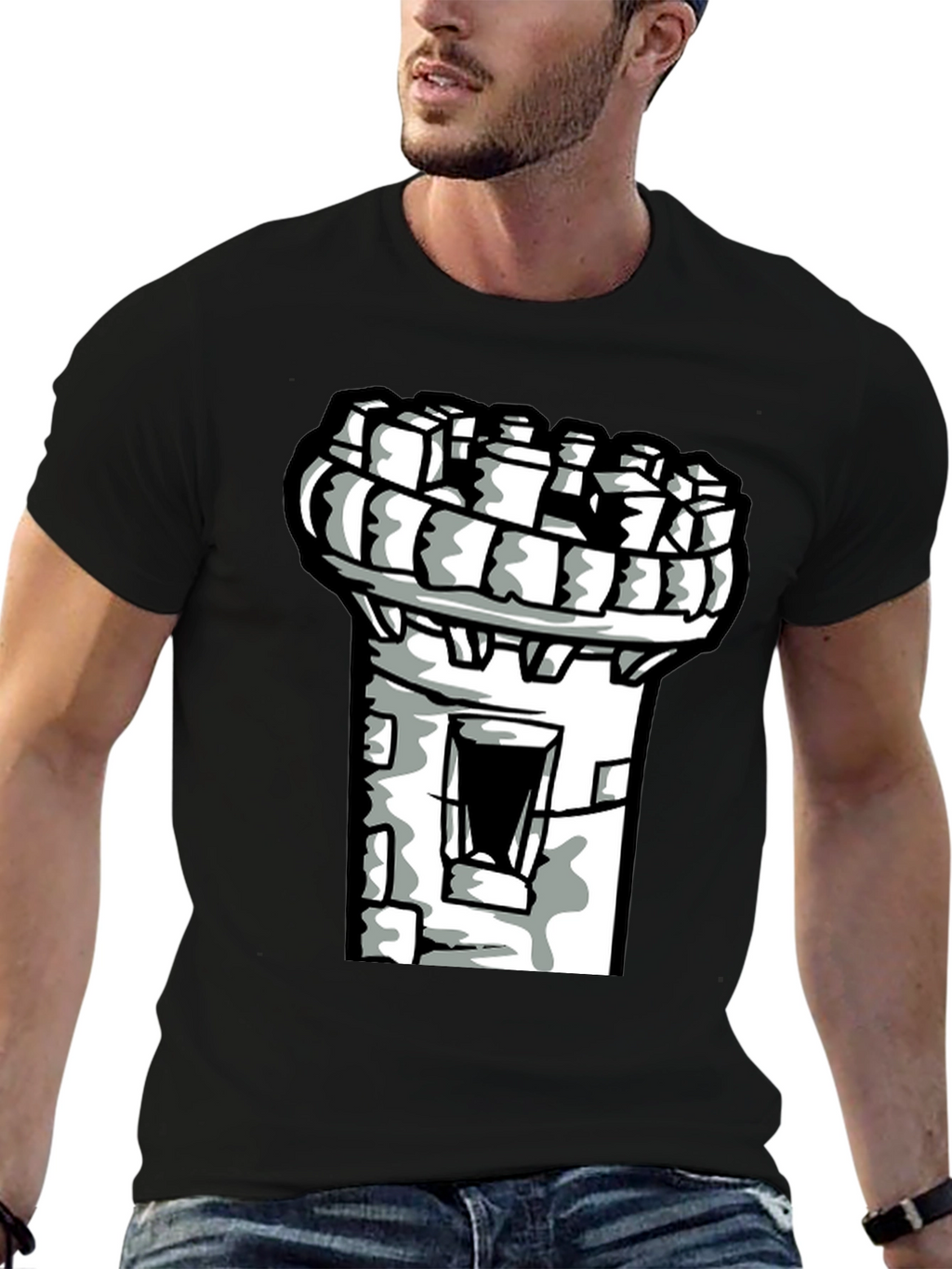 Castle Tower Graphic Tee - Black Cotton Shirt