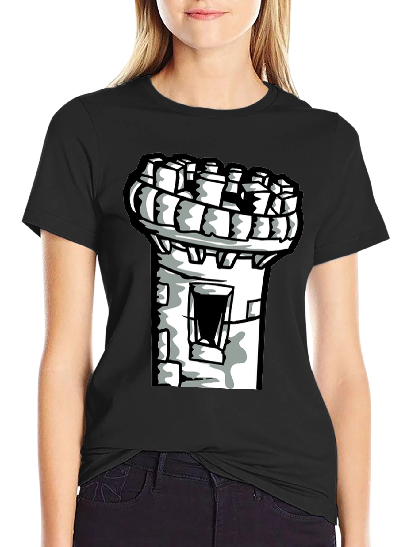 Castle Tower Graphic Tee - Black Cotton Shirt