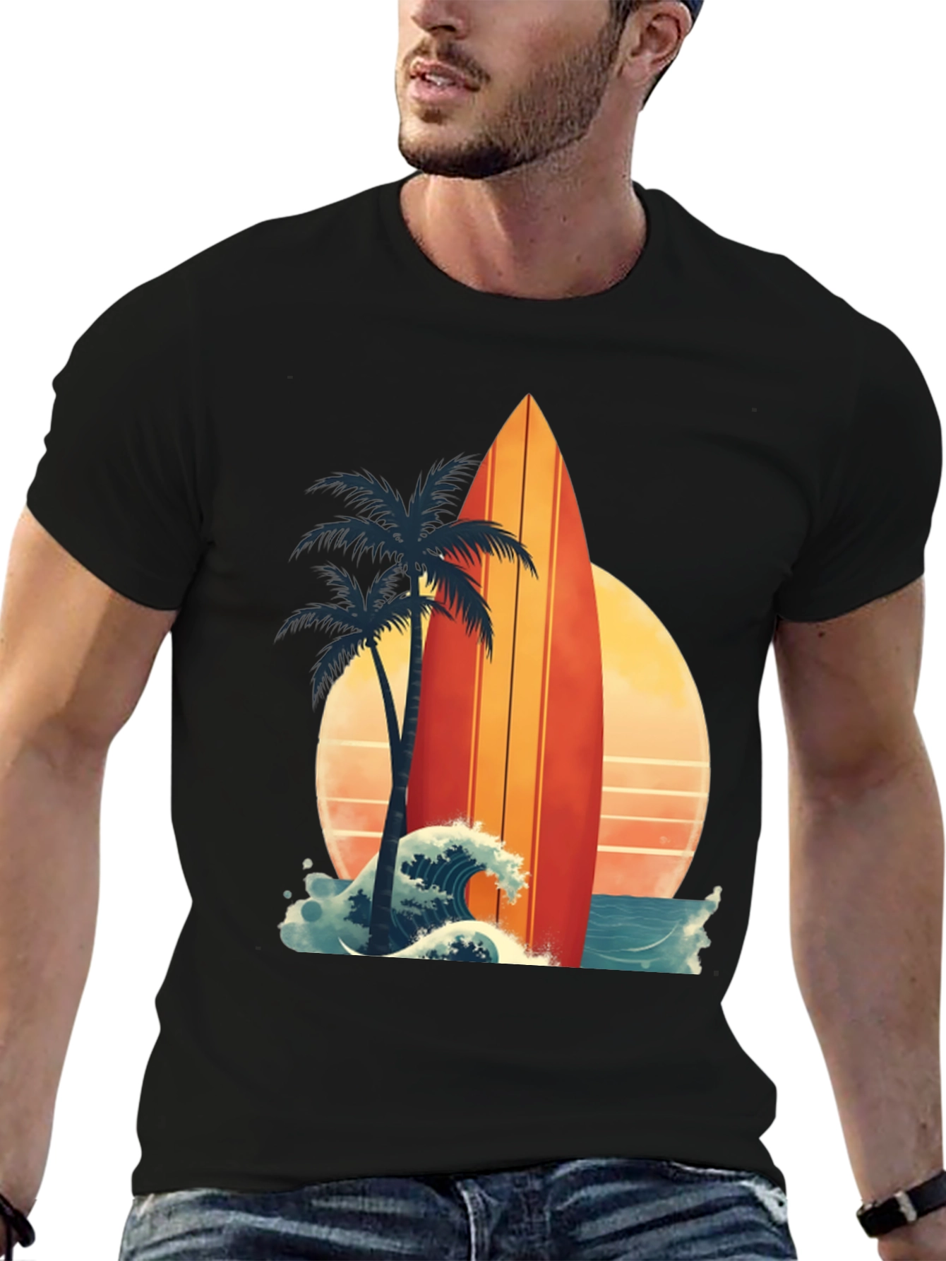 Retro Surfboard Palm Tee - Beach Vibes