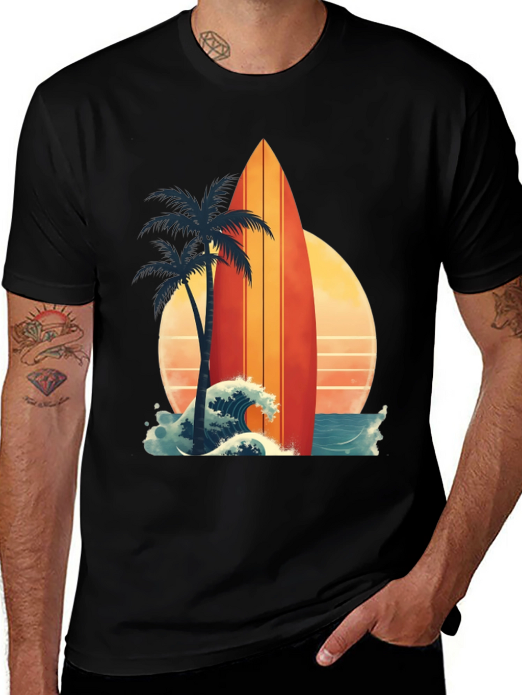 Retro Surfboard Palm Tee - Beach Vibes