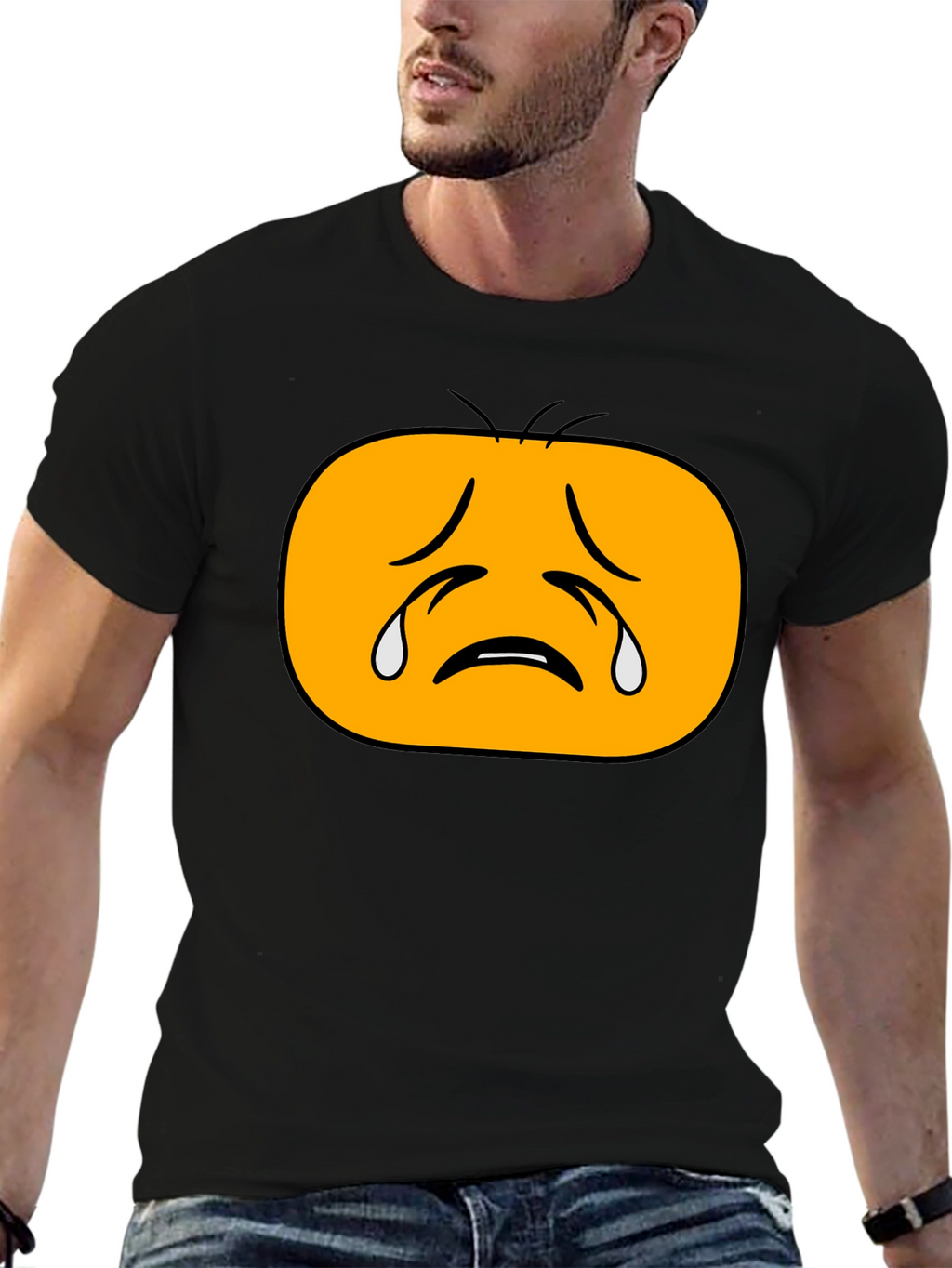 Sad Emoji Graphic Tee - Black Cotton T-Shirt