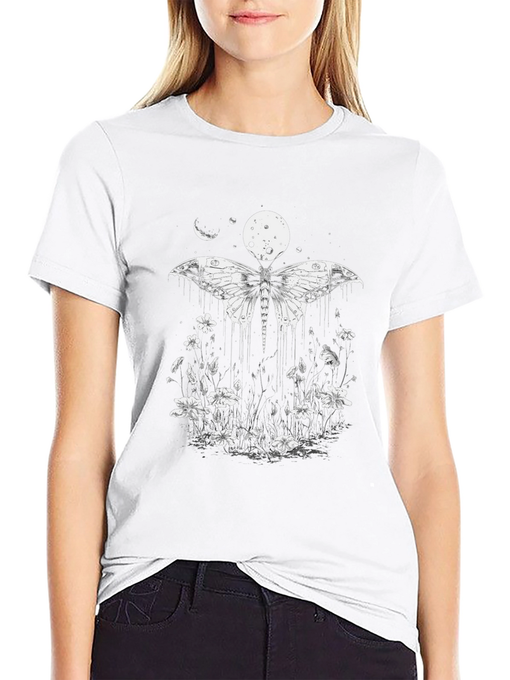Moth & Moon Graphic Tee - Black Cotton T-Shirt