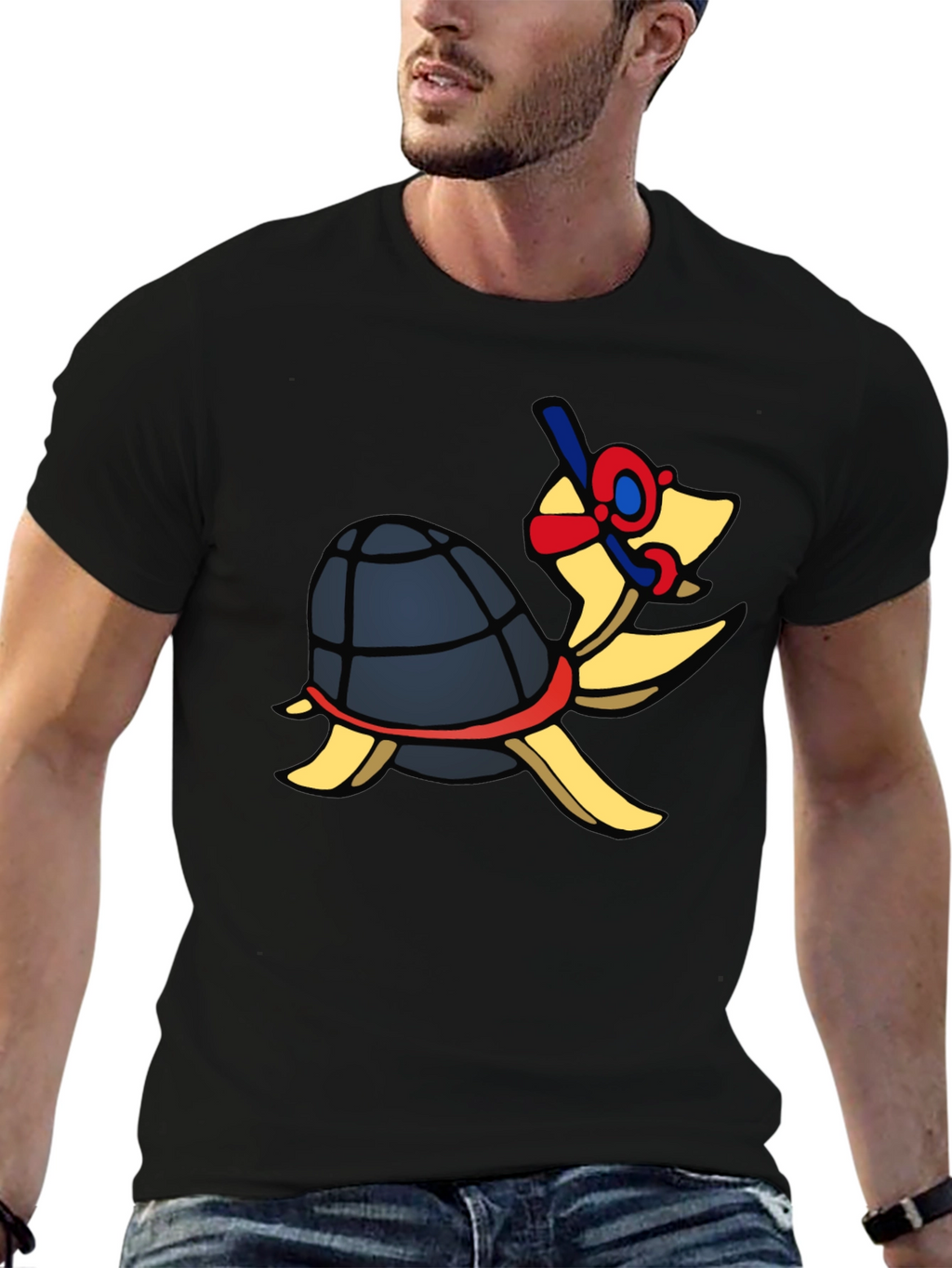 Snorkeling Turtle Graphic Tee - Black Cotton T-Shirt