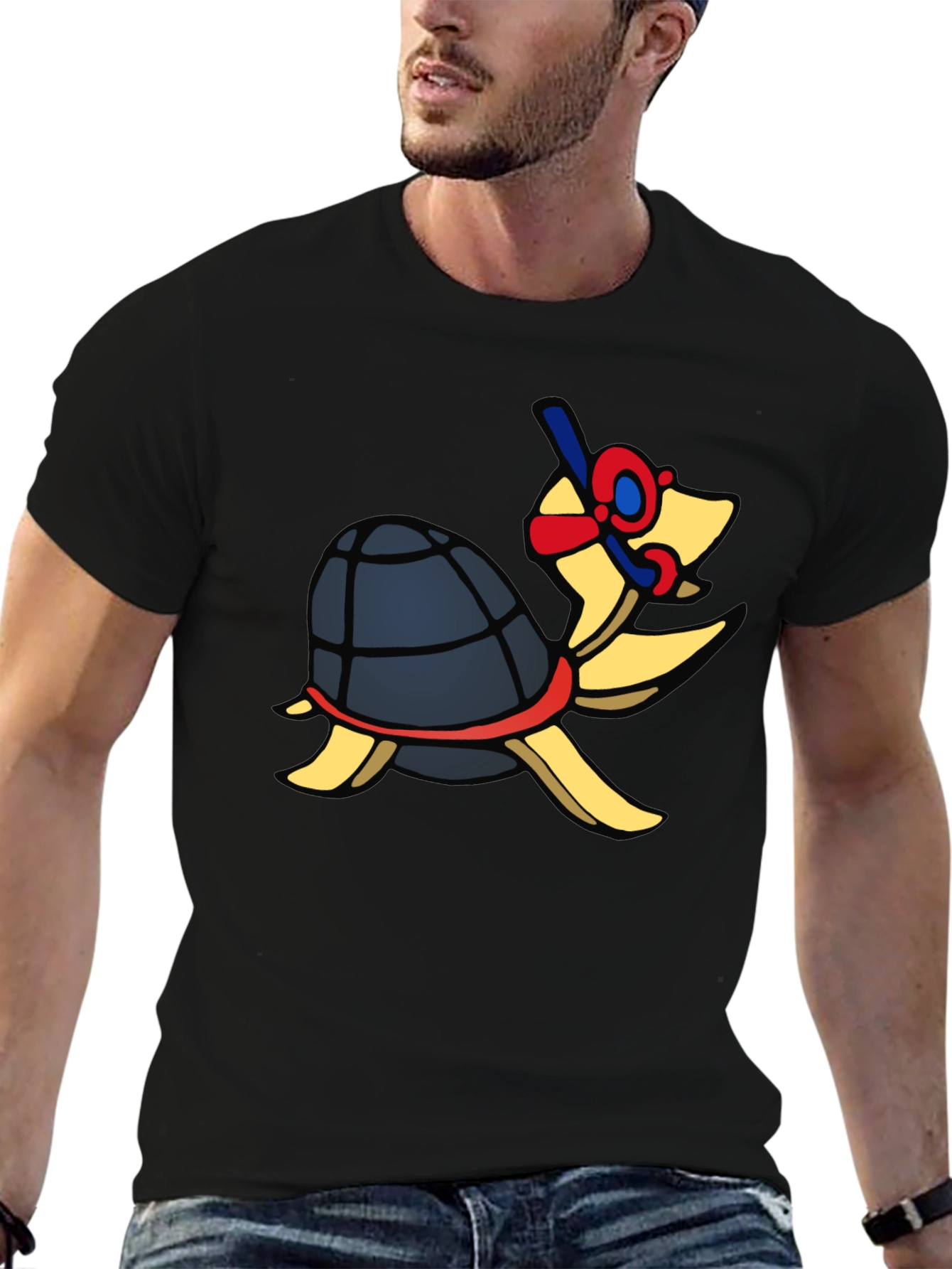 Snorkeling Turtle Graphic Tee - Black Cotton T-Shirt