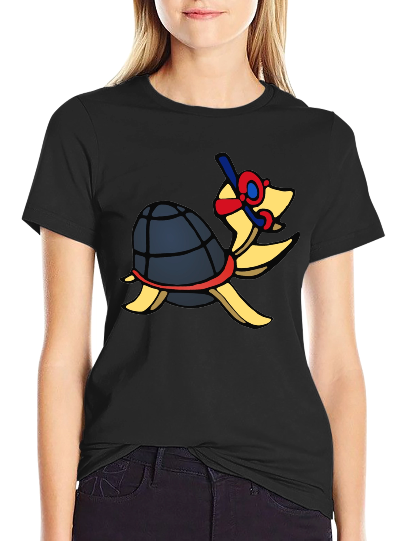 Snorkeling Turtle Graphic Tee - Black Cotton T-Shirt