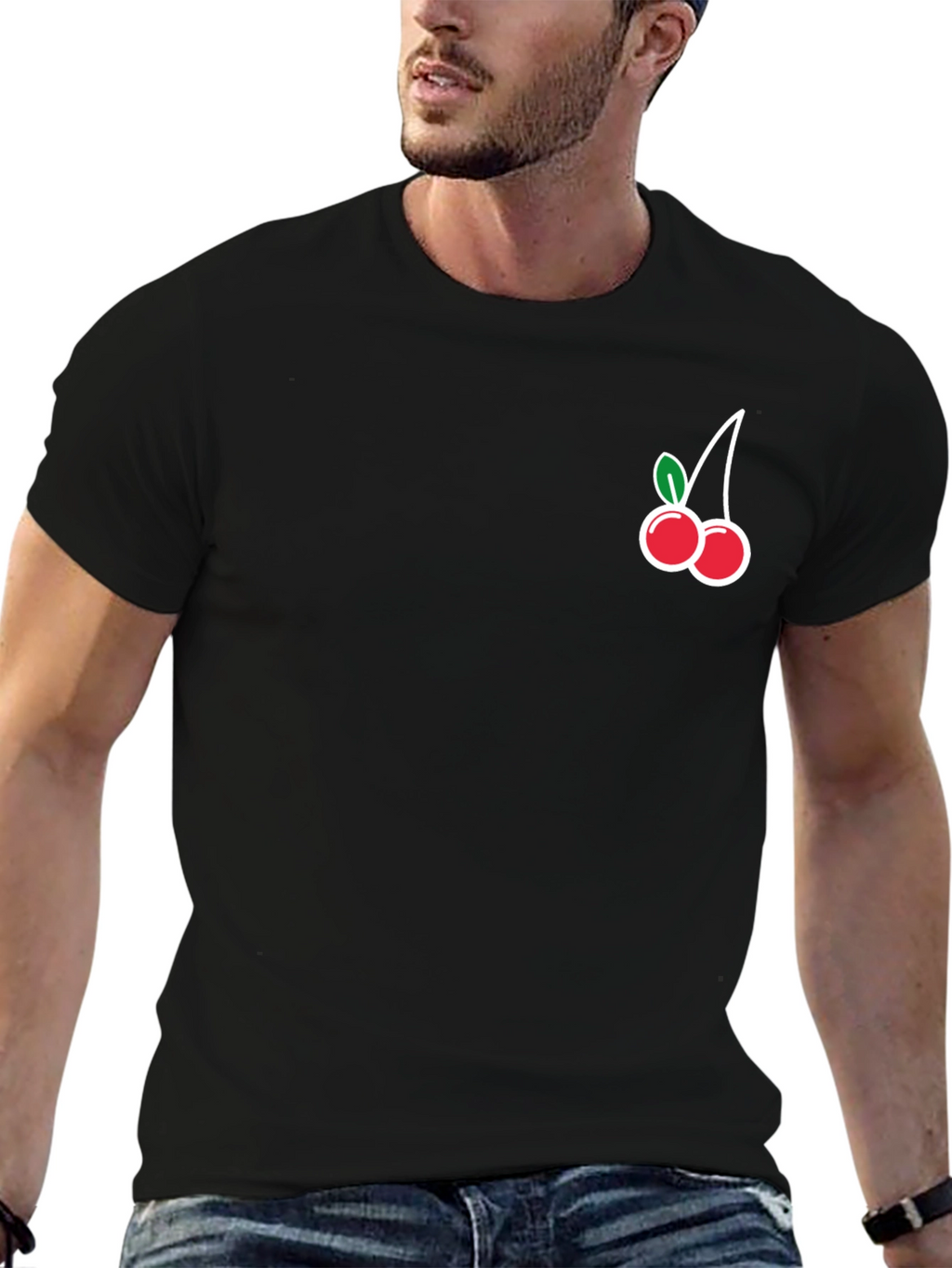 Black T-Shirt with Cherry Graphic