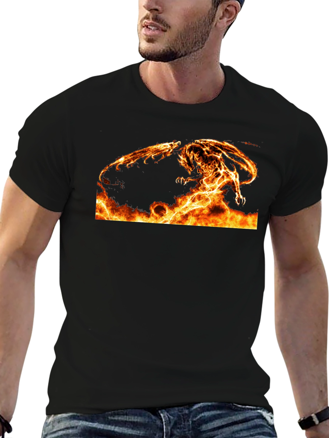 Fiery Dragon Graphic Tee - Black Cotton Comfort