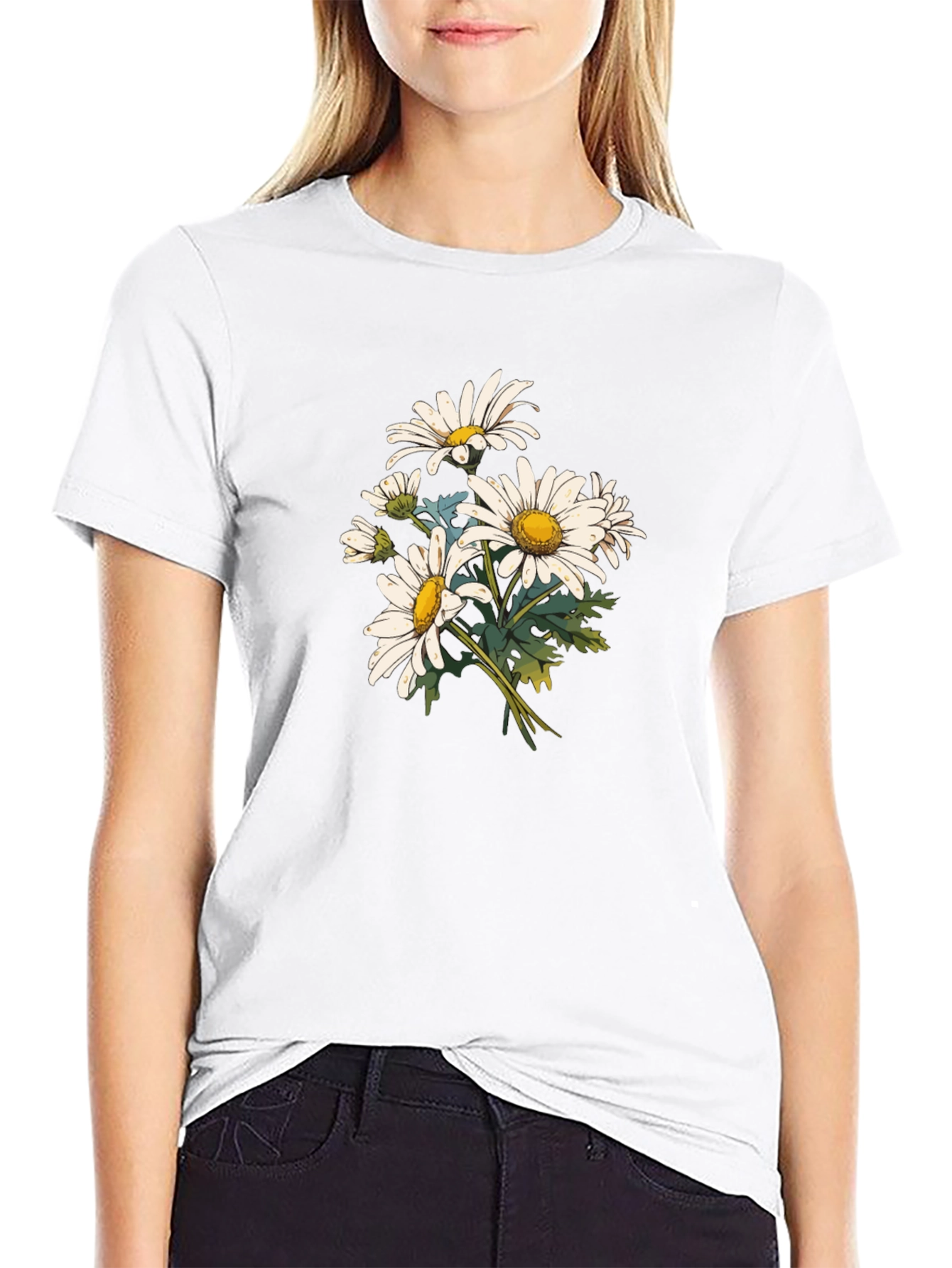 Daisy Flower Print Black T-Shirt