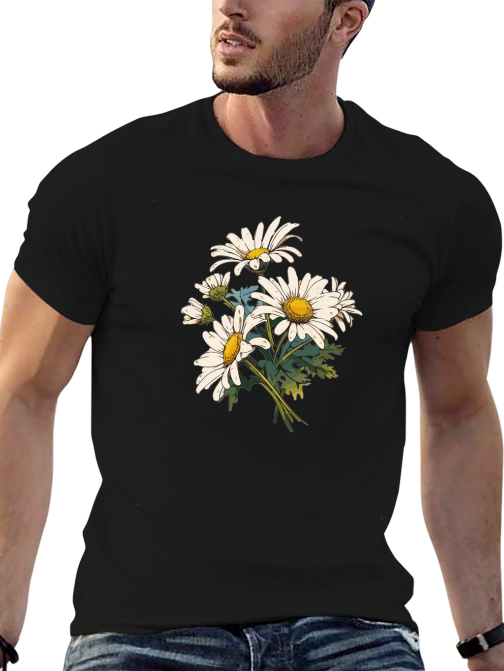 Daisy Flower Print Black T-Shirt