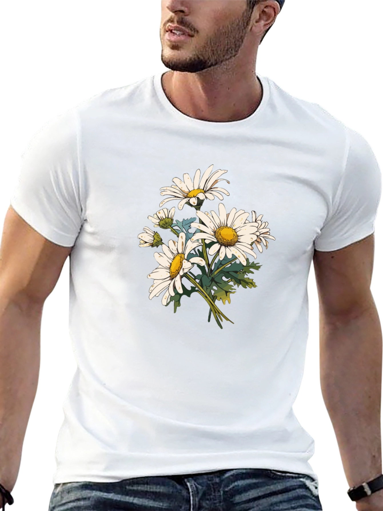 Daisy Flower Print Black T-Shirt
