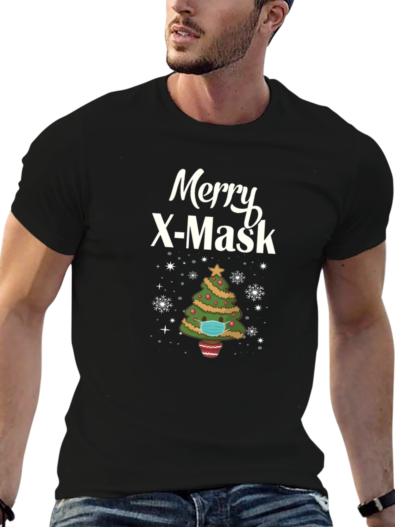 Merry X-Mask Christmas Tree Graphic T-Shirt