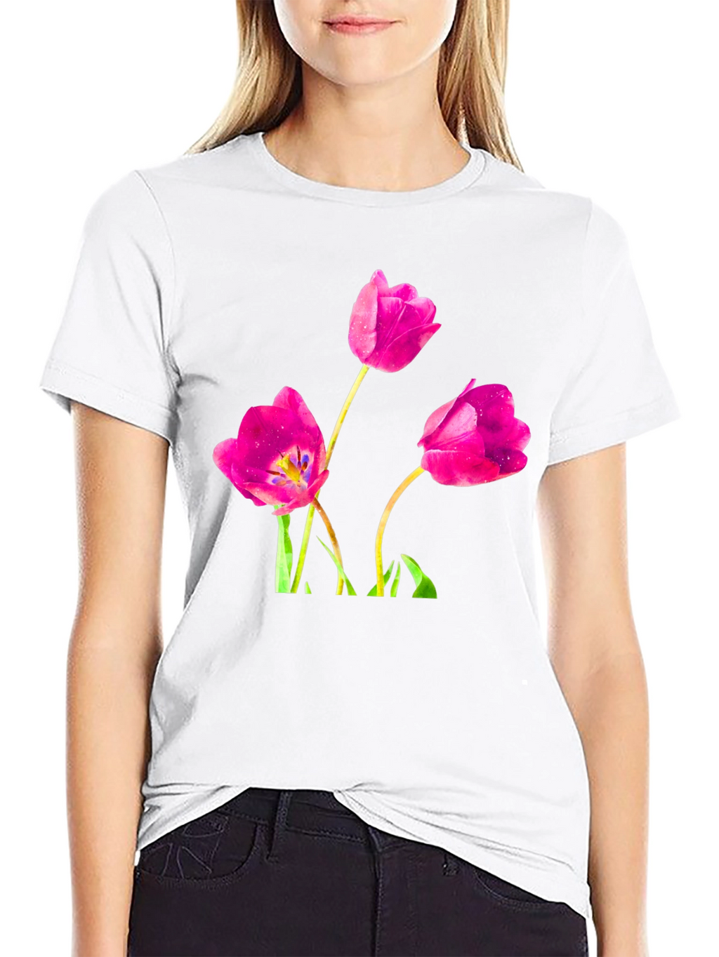 Floral Tulip Print Black T-Shirt