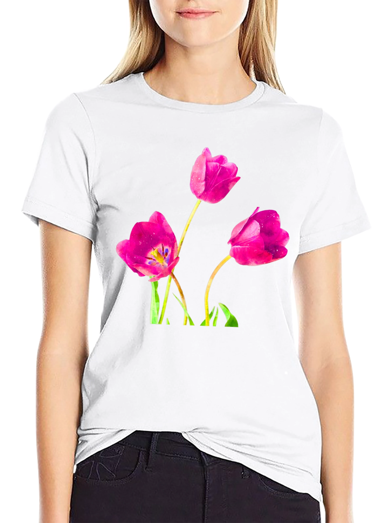 Floral Tulip Print Black T-Shirt