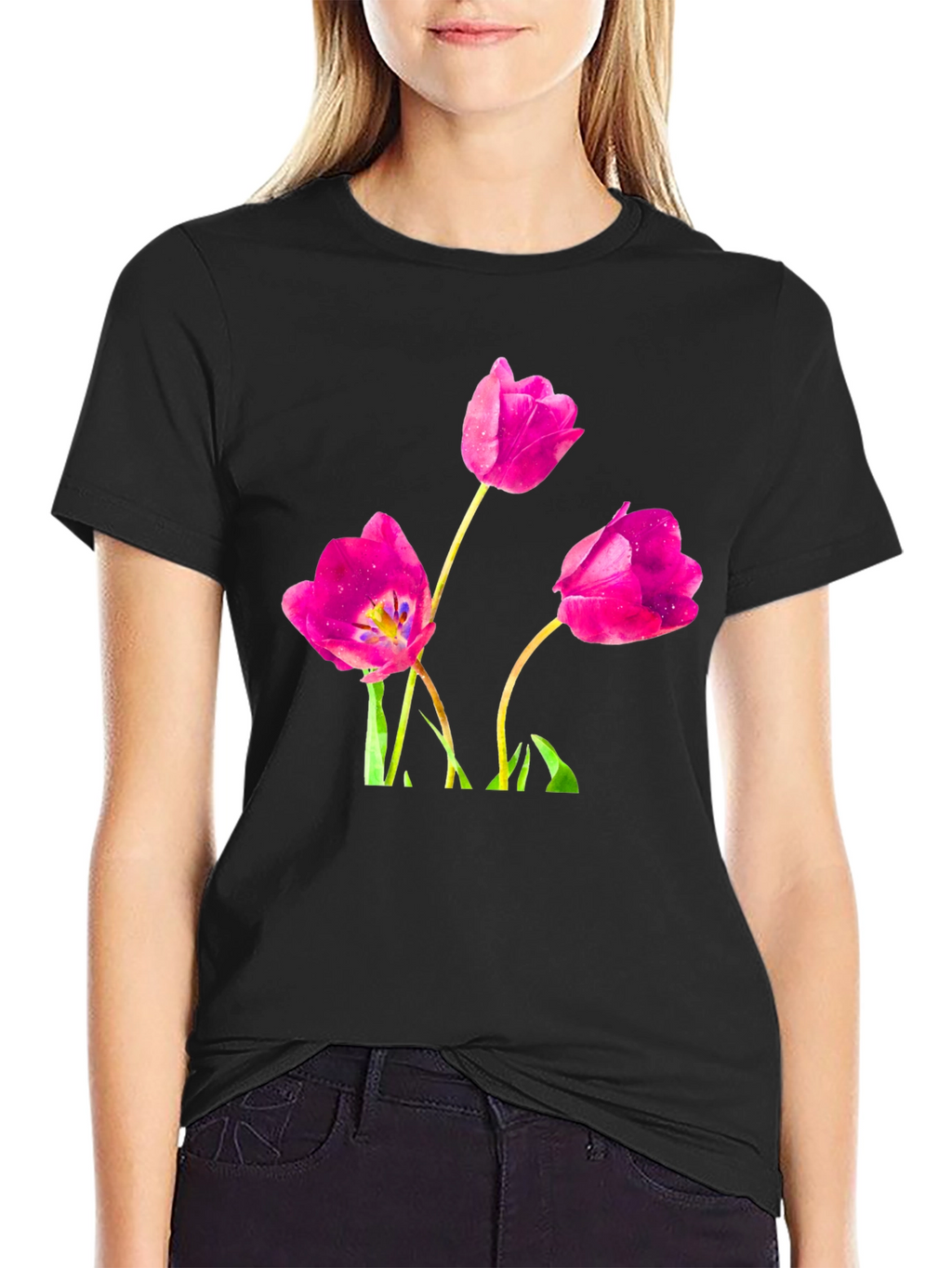 Floral Tulip Print Black T-Shirt