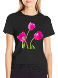 Floral Tulip Print Black T-Shirt