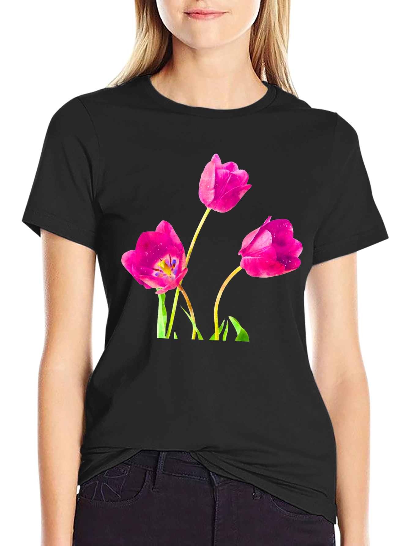 Floral Tulip Print Black T-Shirt