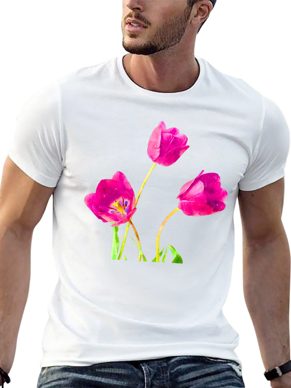 Floral Tulip Print Black T-Shirt