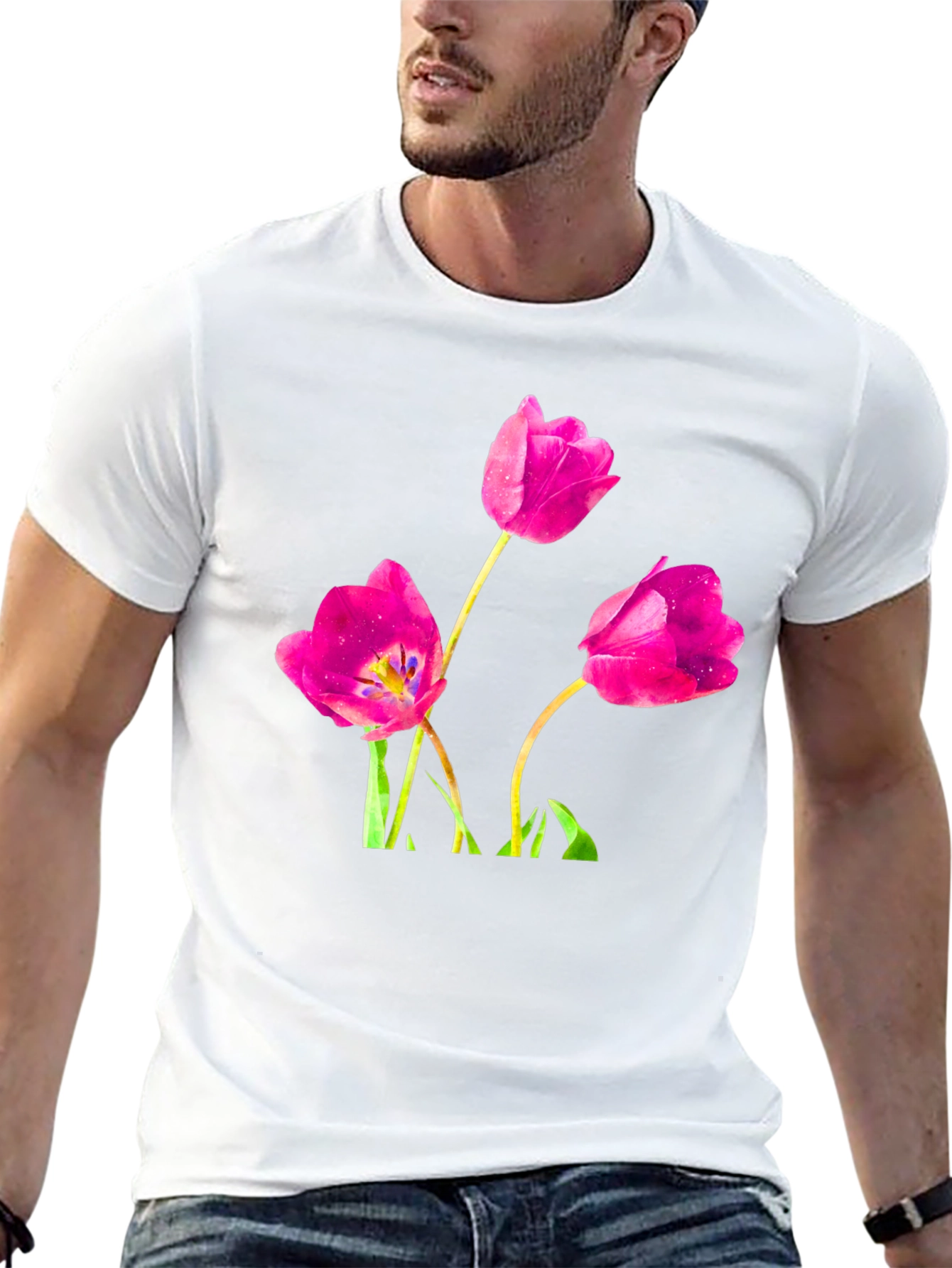 Floral Tulip Print Black T-Shirt