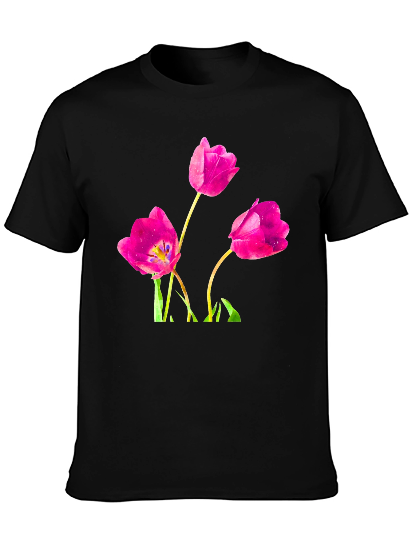 Floral Tulip Print Black T-Shirt
