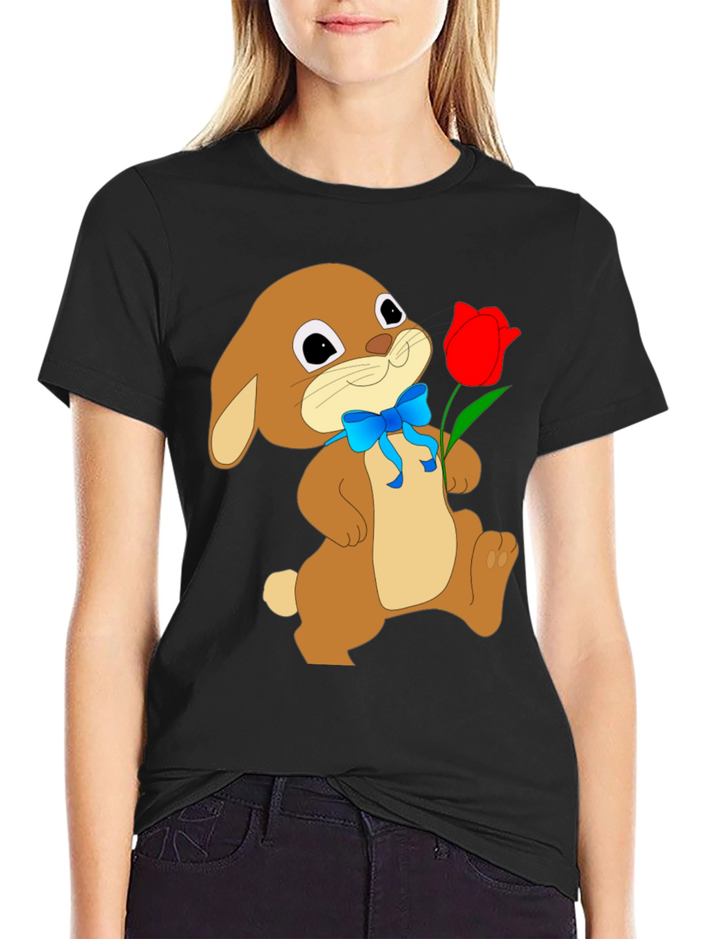 Bunny & Tulip Graphic Tee - Soft Black Cotton