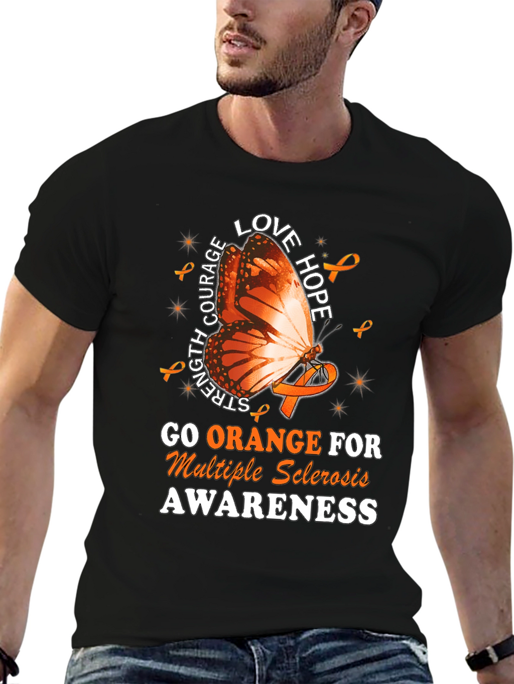 MS Awareness T-Shirt: Orange Butterfly Love Hope Strength