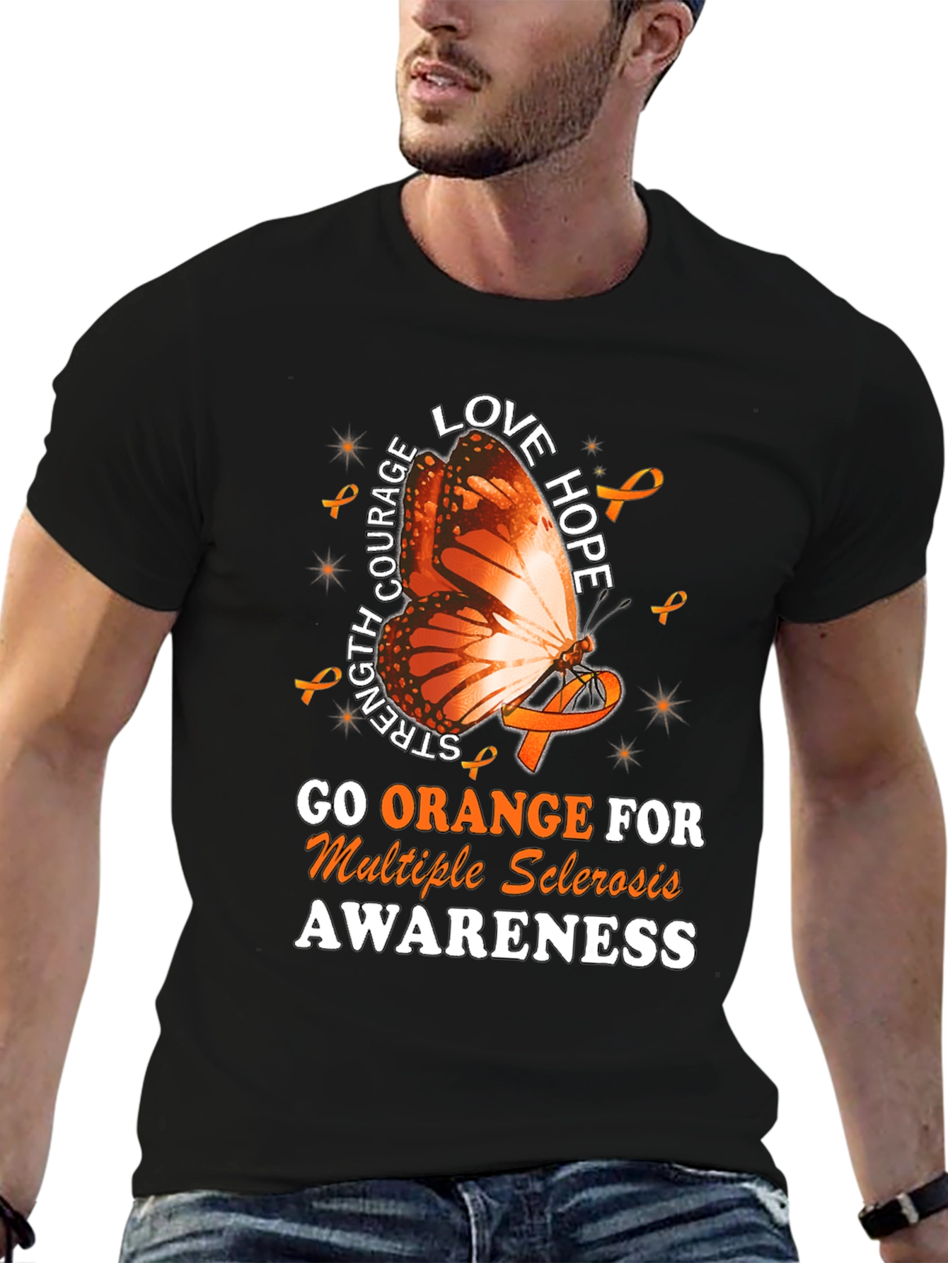 MS Awareness T-Shirt: Orange Butterfly Love Hope Strength