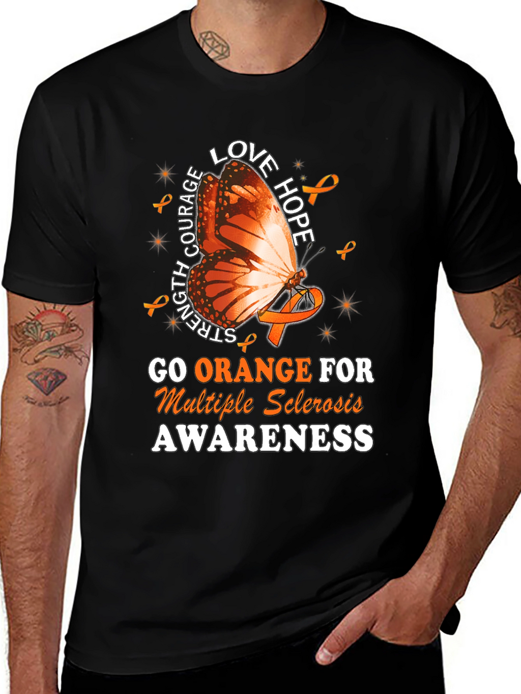 MS Awareness T-Shirt: Orange Butterfly Love Hope Strength