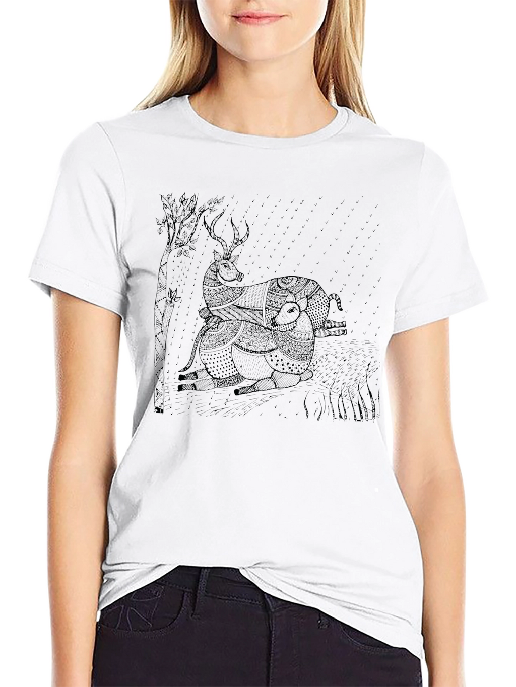Black Graphic Deer Print Tee